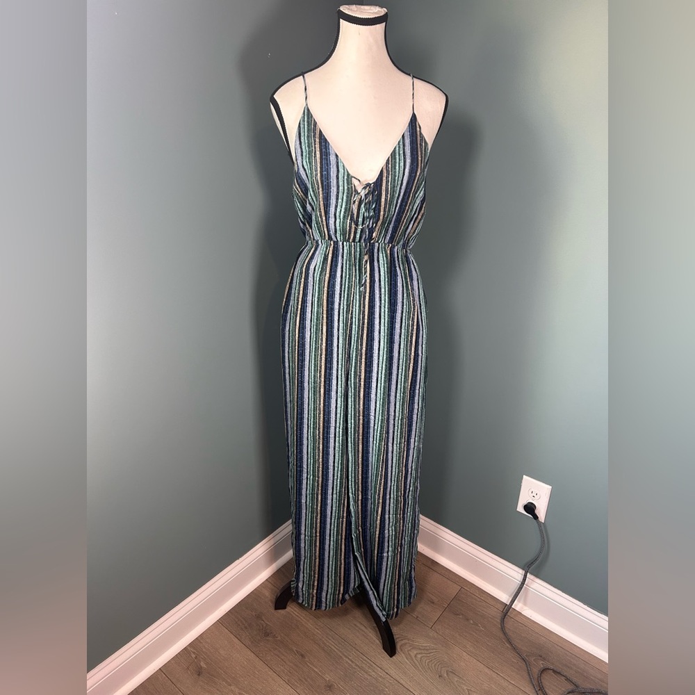 Style Rack Blue and Green Striped Jumpsuit